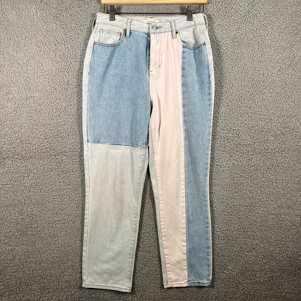 PACSUN Mom Jeans Womens 28x26 Light Wash Y2K Colorblock High Rise Straight Leg